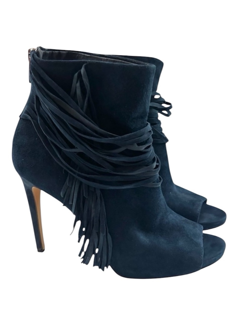 Vince Camuto‎ Navy Suede Leather Fringe Stiletto Heel Open Toe Booties (8)